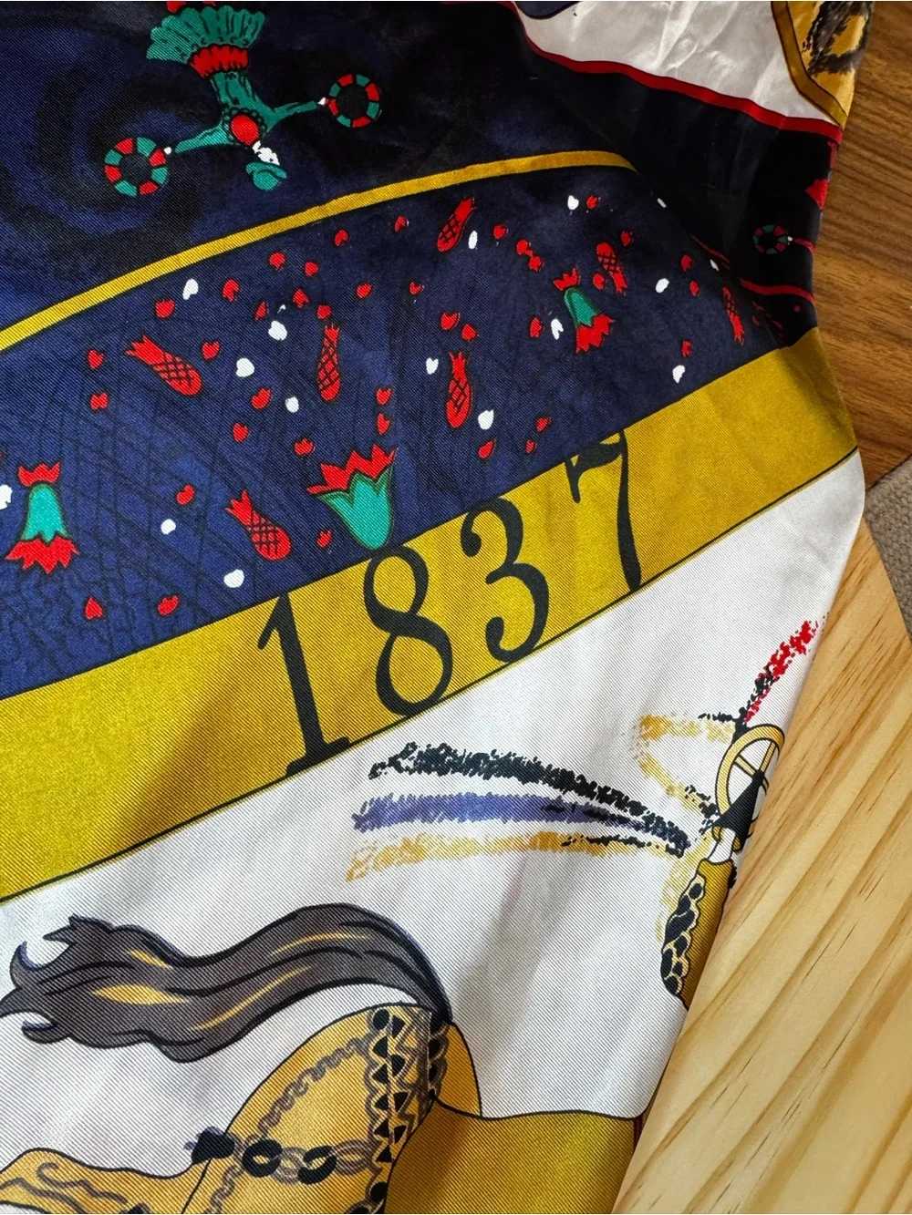 Hermes Multi-Color Silk Scarf with Navy, Gold, Red and White